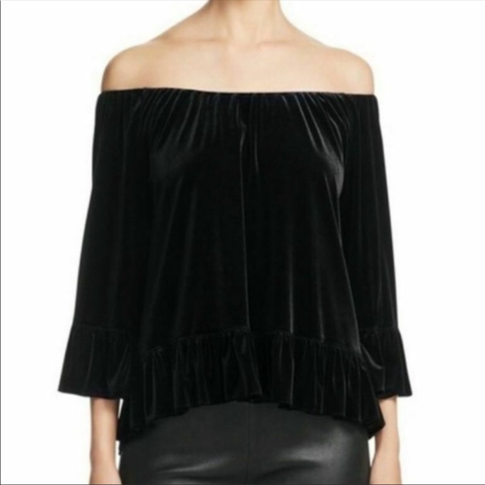 Sanctuary Julia Black Velvet Off Shoulder Long Sleeve Peplum Blouse Size L New